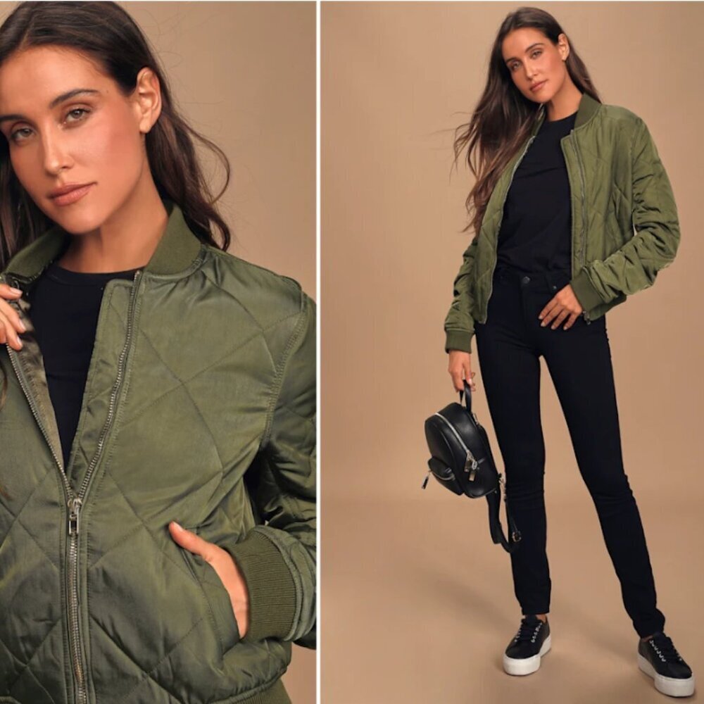 LULUS Chic Quilted Casual Military Vintage Olive Green Cozy Warm Bomber Jacket